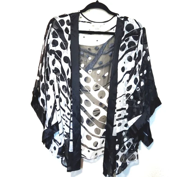 Sheer Black and White Polka Dot Kimono Cardigan - Picture 1 of 12